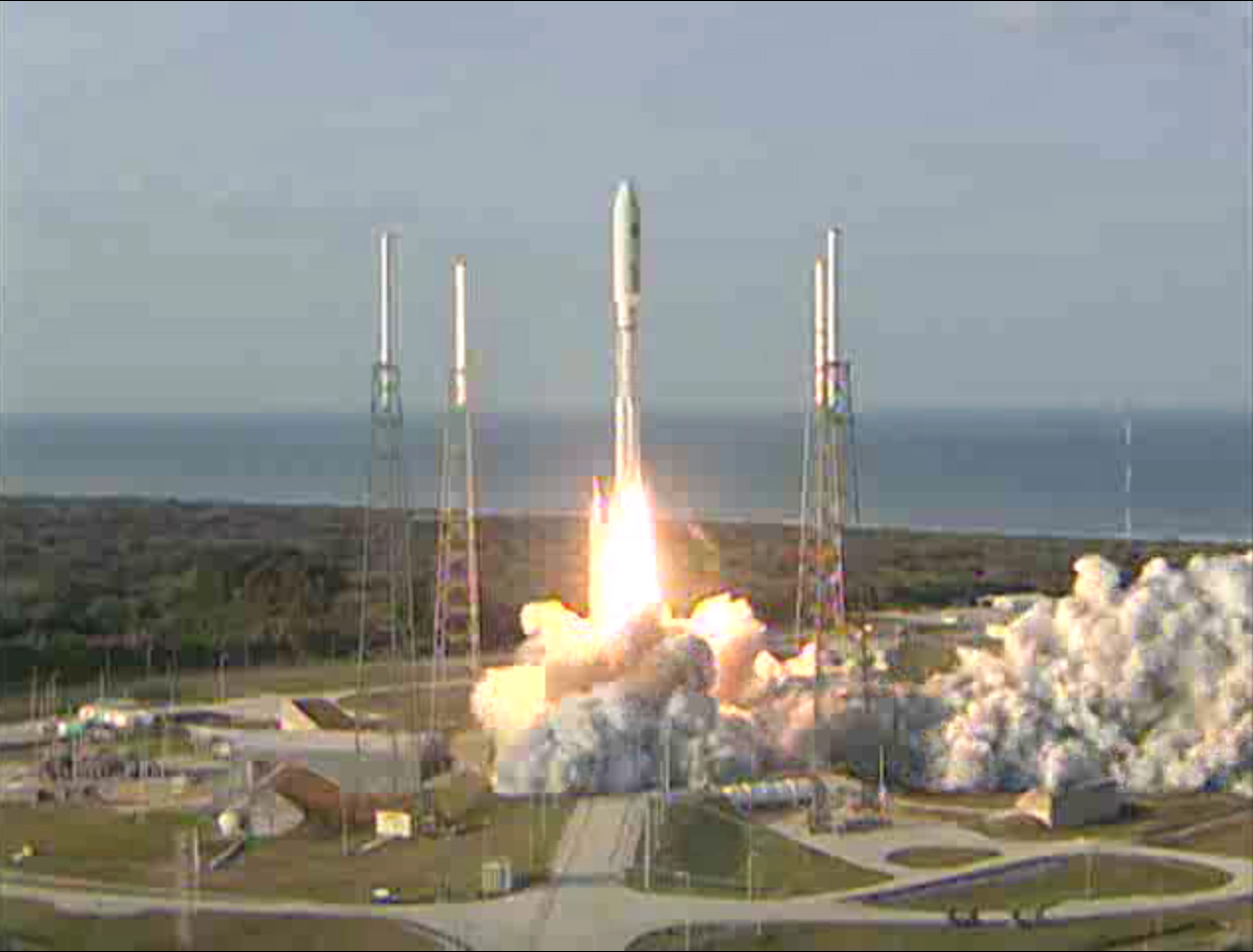 This still from a United Launch Alliance broadcast shows an Atlas 5 rocket launching into space with the U.S. Navy&#039;s MUOS-1 communications satellite on Feb. 24, 2012. Liftoff occured at 5:15 p.m. ET (2215 GMT) from the Cape Canaveral Air Force Station.