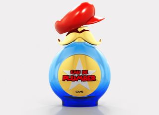 A perfume bottle with a golden moustache and a red cap as the lid