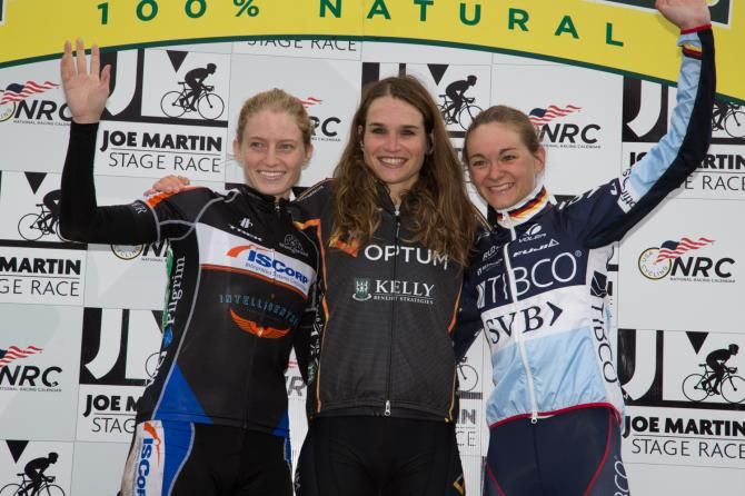 Stage winner Joelle Numainville is flanked by second place Mia Loquaiand and Claudia Haeusler in third.