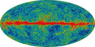 An image of the cosmic microwave background radiation, including the foreground signal from the Milky Way galaxy (in red). This picture is based on observations from NASA's Wilkinson Microwave Anisotropy probe, which operated from 2001 to 2010.