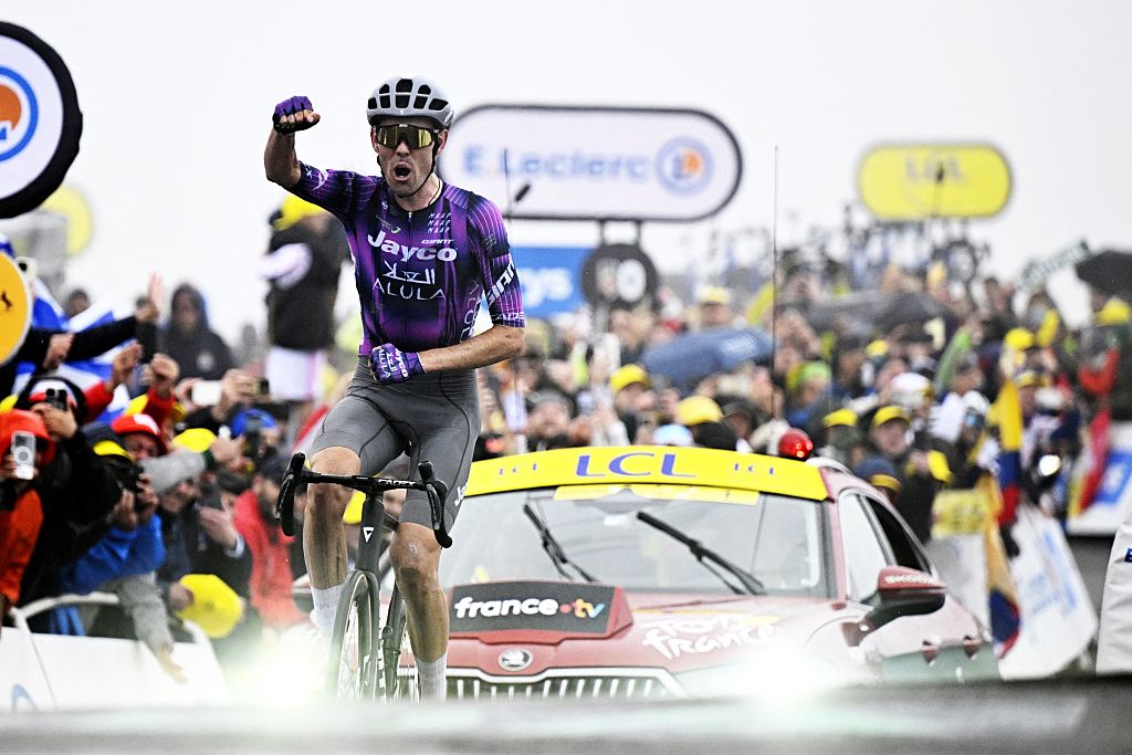 Australian Ben O'Connor of Team Jayco AlUla pictured crossing the finish line of the stage 18 of the 2025 Tour de France cycling race, from Vif to Courchevel Col de la Loze, on Thursday 24 July 2025 in France. The 112th edition of the Tour de France starts on Saturday 5 July in Lille, France, and will finish in Paris, France on the 27th of July. BELGA PHOTO JASPER JACOBS (Photo by JASPER JACOBS / BELGA MAG / Belga via AFP)