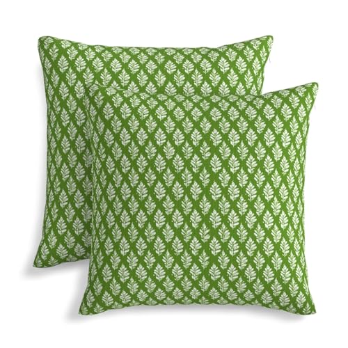 Kiuloam Green and White Folk Art Leaves Pillow Covers 18x18 Inch Set of 2 Rustic Decorative Throw Pillows Outdoor Neutral Farmhouse Cushion Cases for Sofa Couch Bed Decor