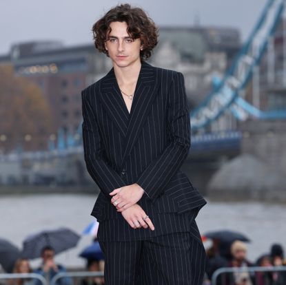 Timothée Chalamet in an Alexander McQueen striped suit for "Wonka" press tour