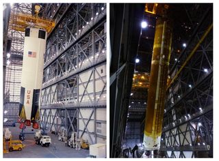 A view of two NASA moon rockets: Apollo's Saturn V booster (left) and the Artemis 1 Space Launch System core booster (right).