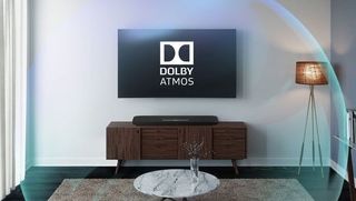 Dolby Atmos logo on screen with a soundbar and soundscape sphere, representing an article about how to test if Dolby Atmos is working