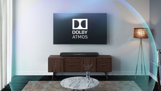 Dolby Atmos logo on screen with a soundbar and a soundscape sphere