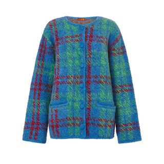 A cutout of a blue, red and green check Kitri Pandora Bouclé Knit Cardigan against a white background