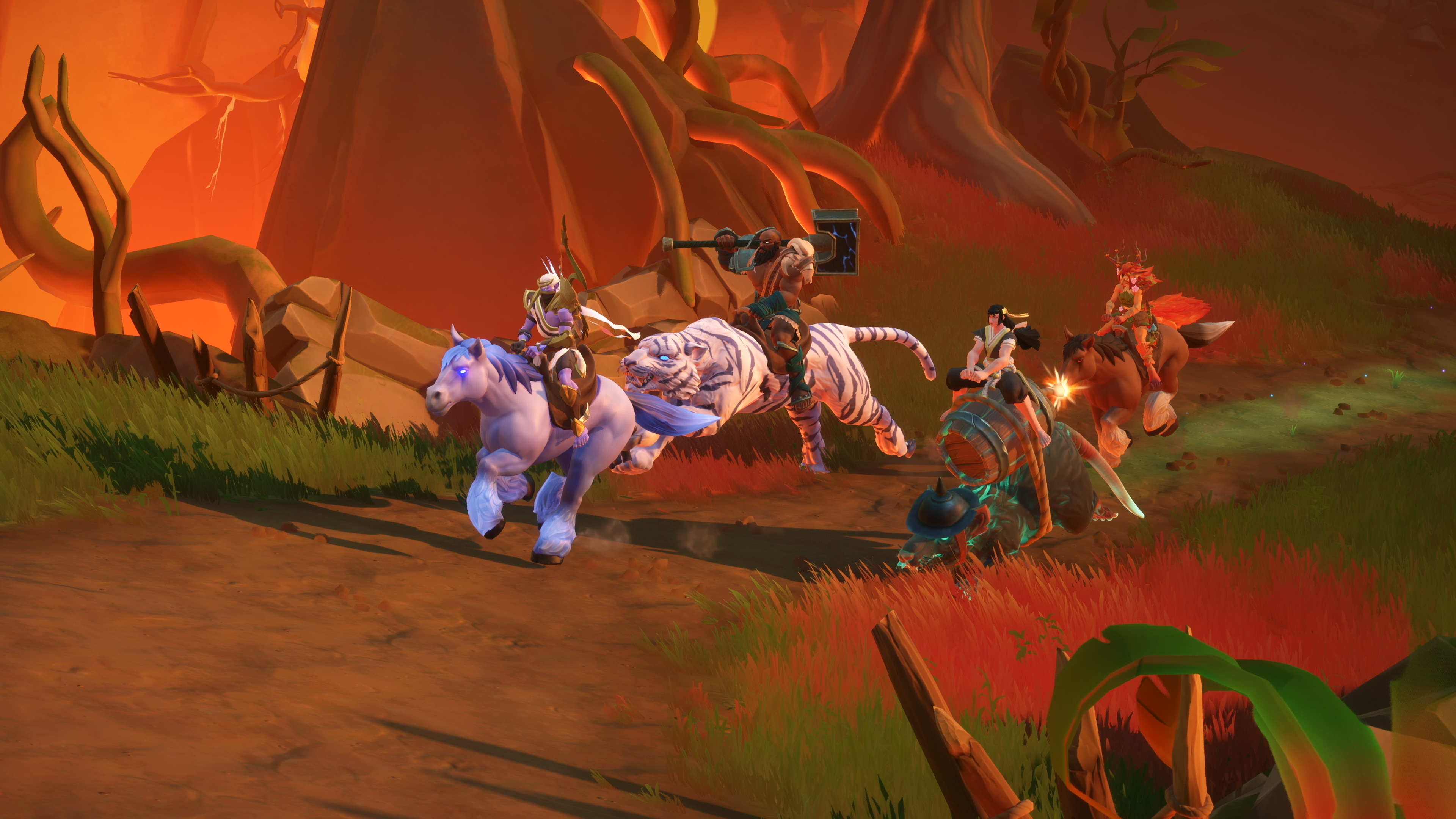 A promotional screenshot of Fellowship. A group of player characters ride mounts through an arid dungeon. The one in the front has a blue horse and they are followed by a white tiger mount, a rat, and a brown horse.