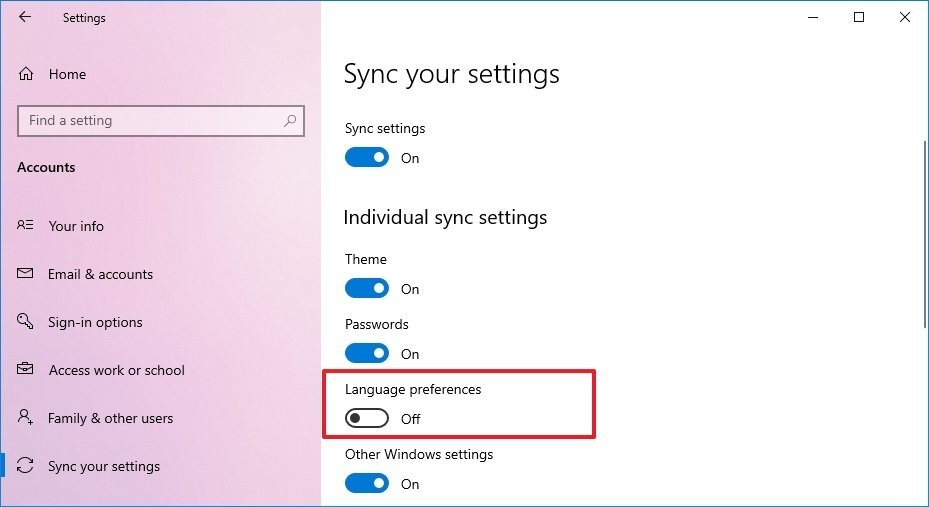 Windows 10 Sync Language option disabled