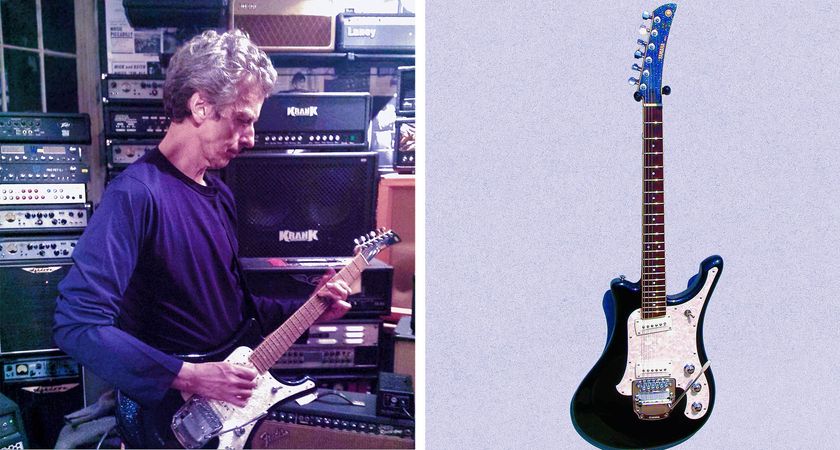A 2014 picture of Peter Capaldi trying out a vintage Yamaha SGV-800 in Hank's, Denmark St. The guitar is pictured in profile on the right.