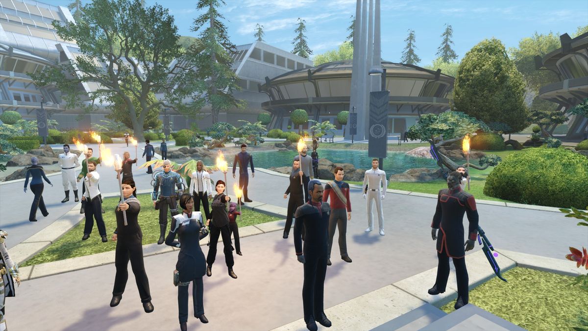 Players assembled for an impromptu Patrick Stewart memorial gathering at the Starfleet Academy in Star Trek Online.