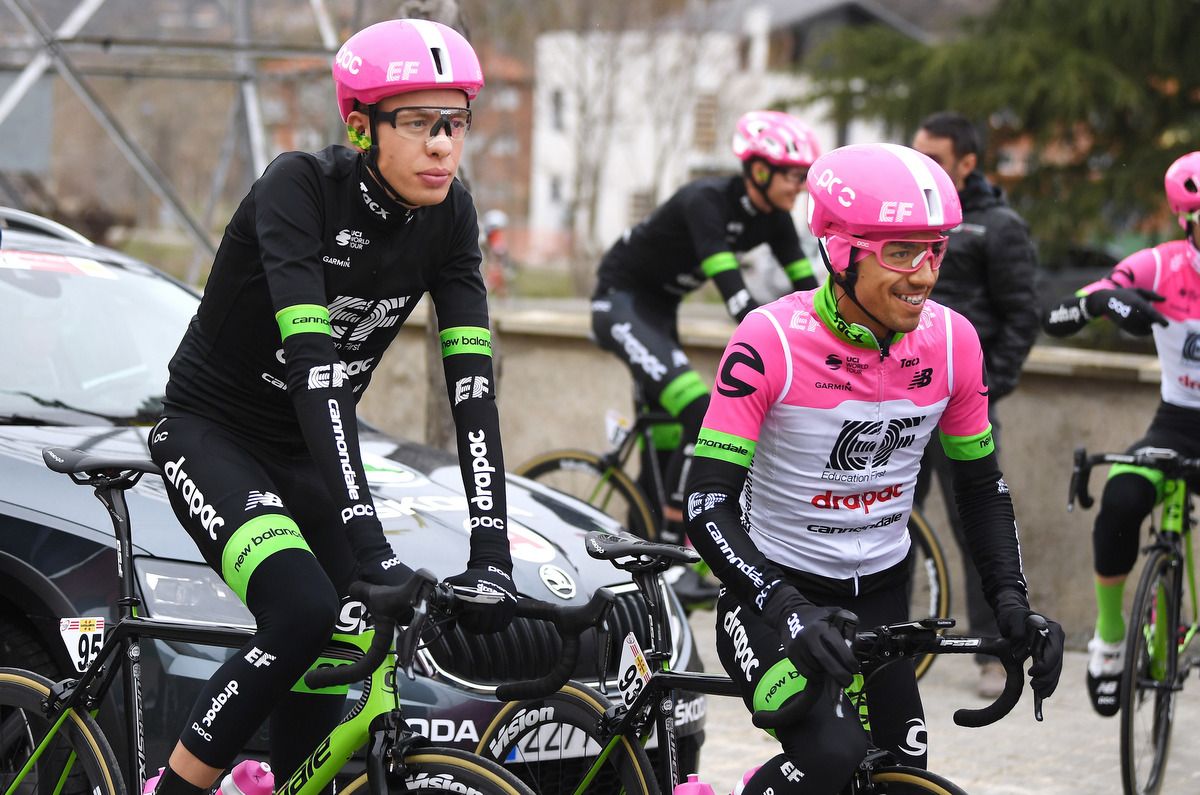 EF Education First-Drapac teammates Hugh Carthy and Daniel Martinez pre-stage