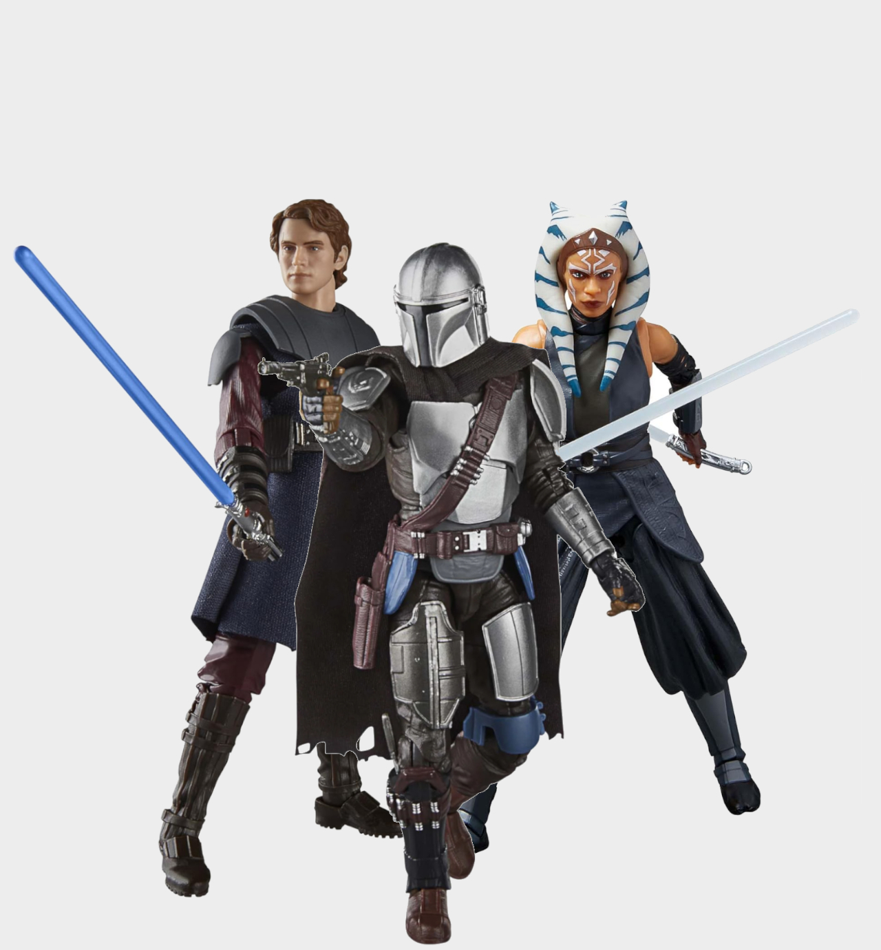 Anakin Skywalker, Ahsoka, and Mandalorian action figures against a plain background