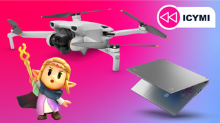 A DJI Drone, Zelda wielding a scepter, and a Windows laptop next to each other