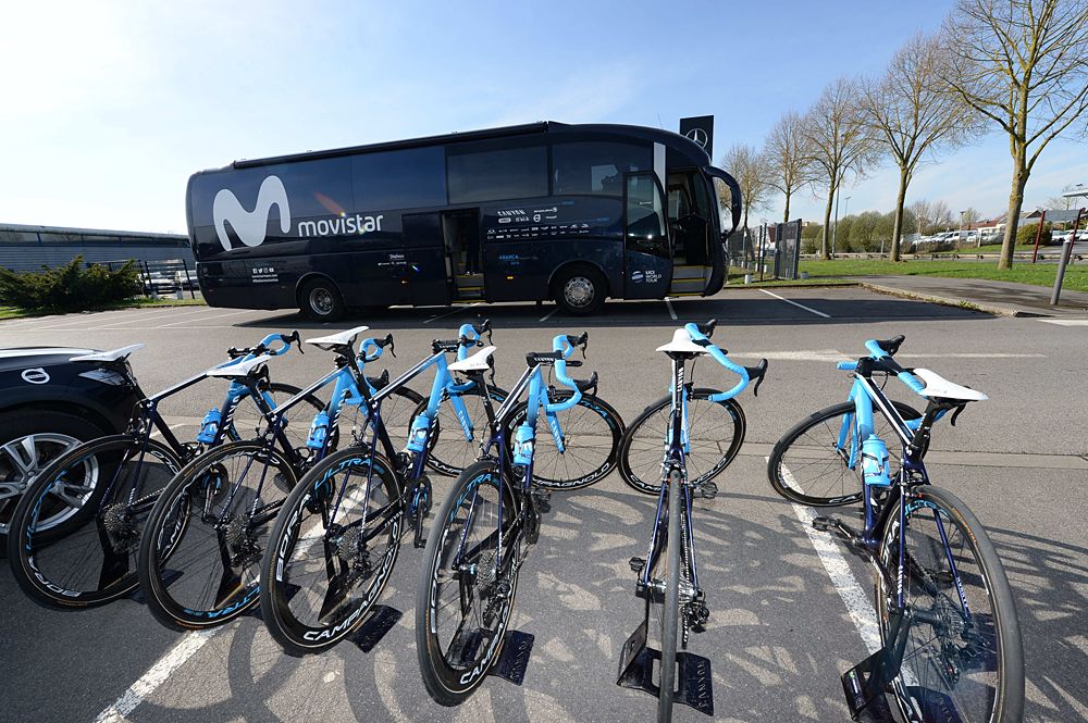 The bikes lined up ready for training - Movistar training on the Paris-Roubaix cobbles as recon for stage 9 at the Tour de France