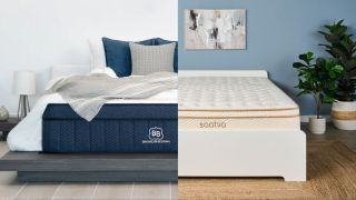 The Brooklyn Bedding Aurora Luxe mattress on a bed frame next to the Saatva Classic mattress