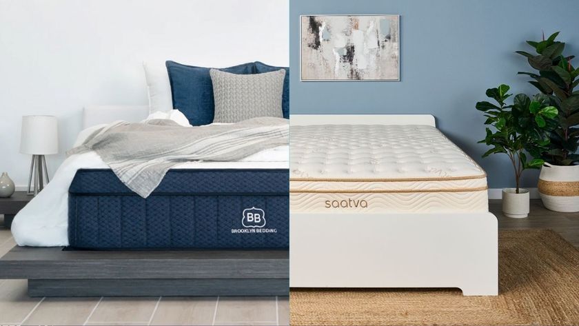 The Brooklyn Bedding Aurora Luxe mattress on a bed frame next to the Saatva Classic mattress