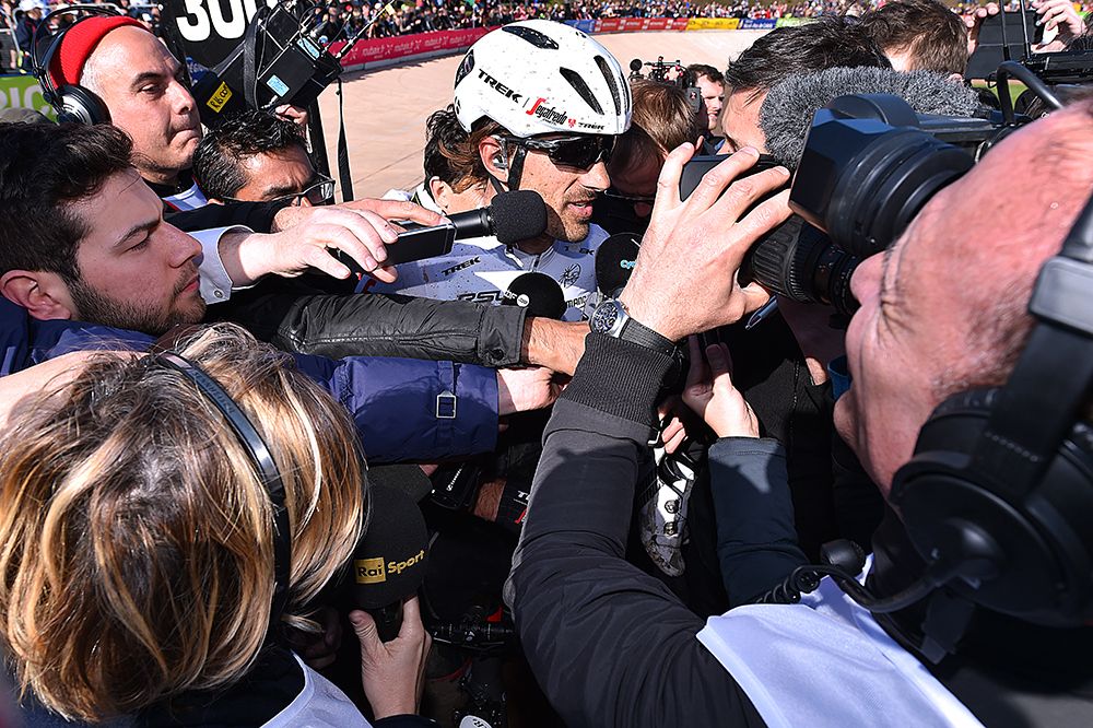 Fabian Cancellara with the press after finishing