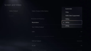A screenshot from the PS5's system menu, showing the new ability to enable 1440p video output