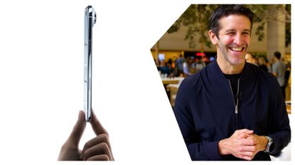 An image of the iPhone Air next to Apple executive John Ternus