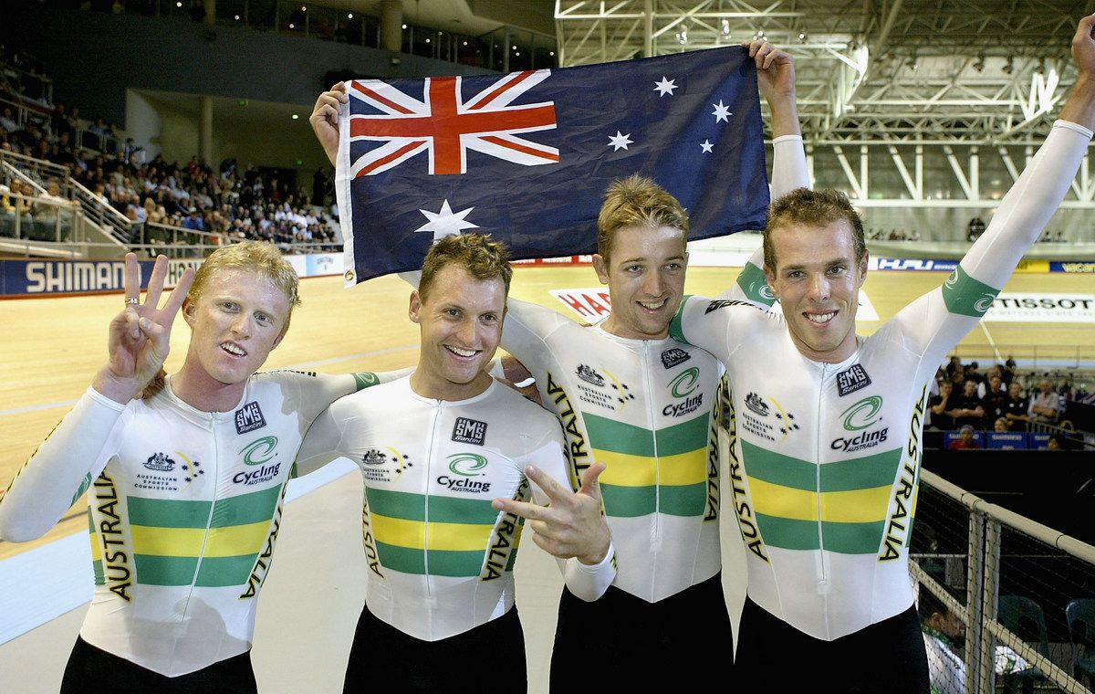 Stephen Wooldridge with Peter Dawson, Luke Roberts, and Ashley Hutchinson after winning gold at the 2004 Track Worlds