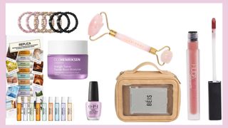 A composite of beauty items for Easter basket ideas for adults.