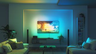Nanoleaf 4D Screen Mirror and lightstrip kit in action on living room TV screen