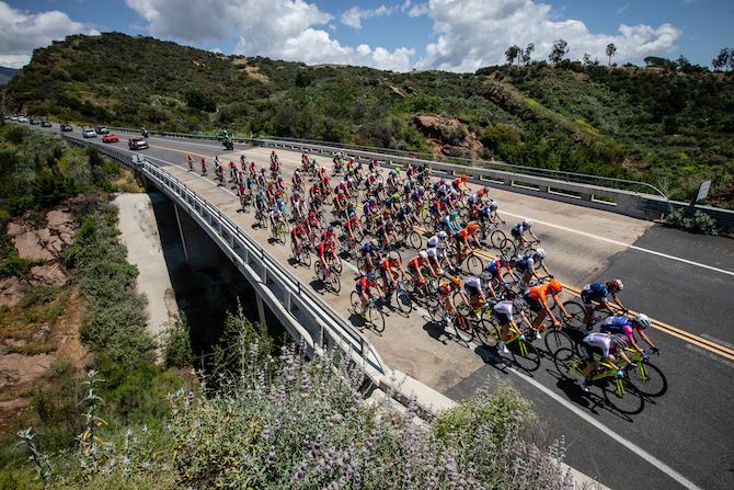 The women's field heads onto the day's longer QOM climb during stage 1 of the 2019 Tour of California Women's Race