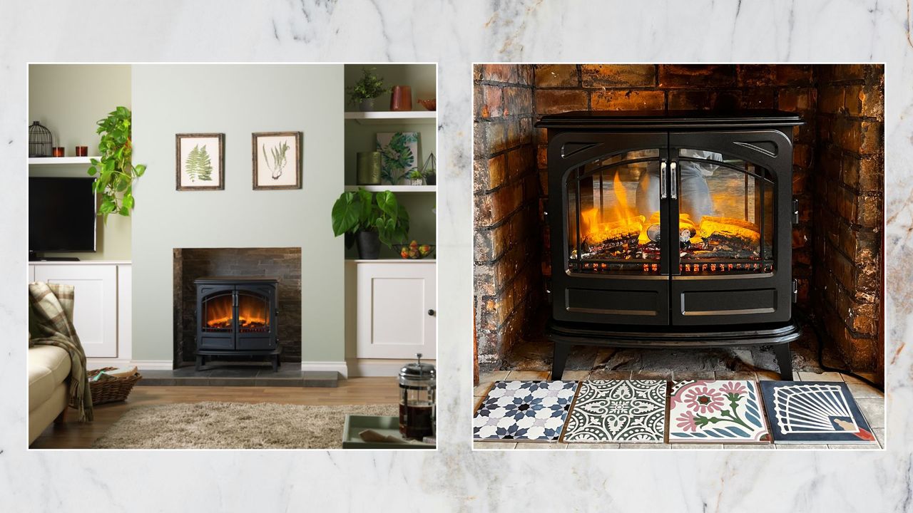 The Dimplex Cassia electric stove with Optiflame in a styled show home (left) and in Ella's home (right)