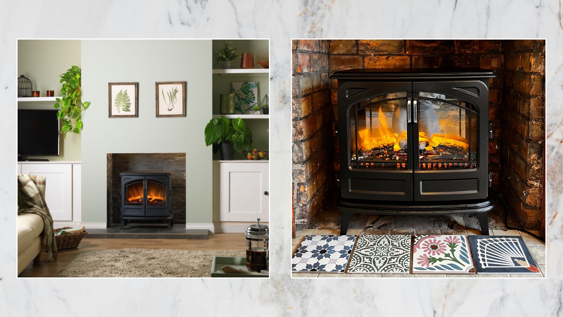 The Dimplex Cassia electric stove with Optiflame in a styled show home (left) and in Ella's home (right)