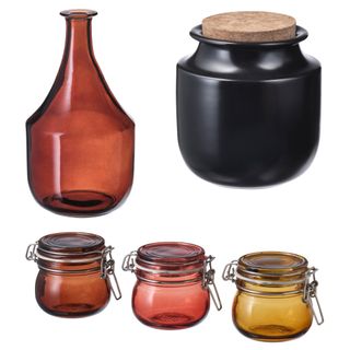 Three items from the IKEA Krosamos collection, including three mason jars, a decanter and a black jar