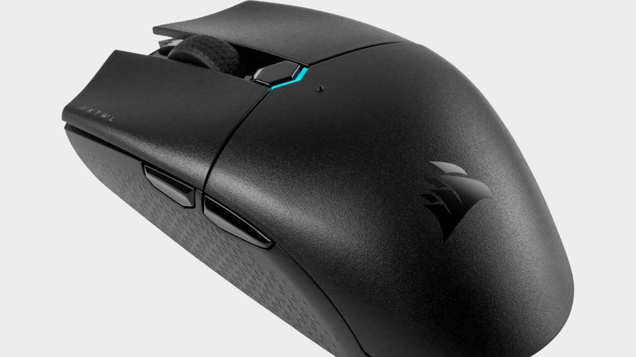 Image of the Corsair Katar Pro Wireless mouse on a grey background.