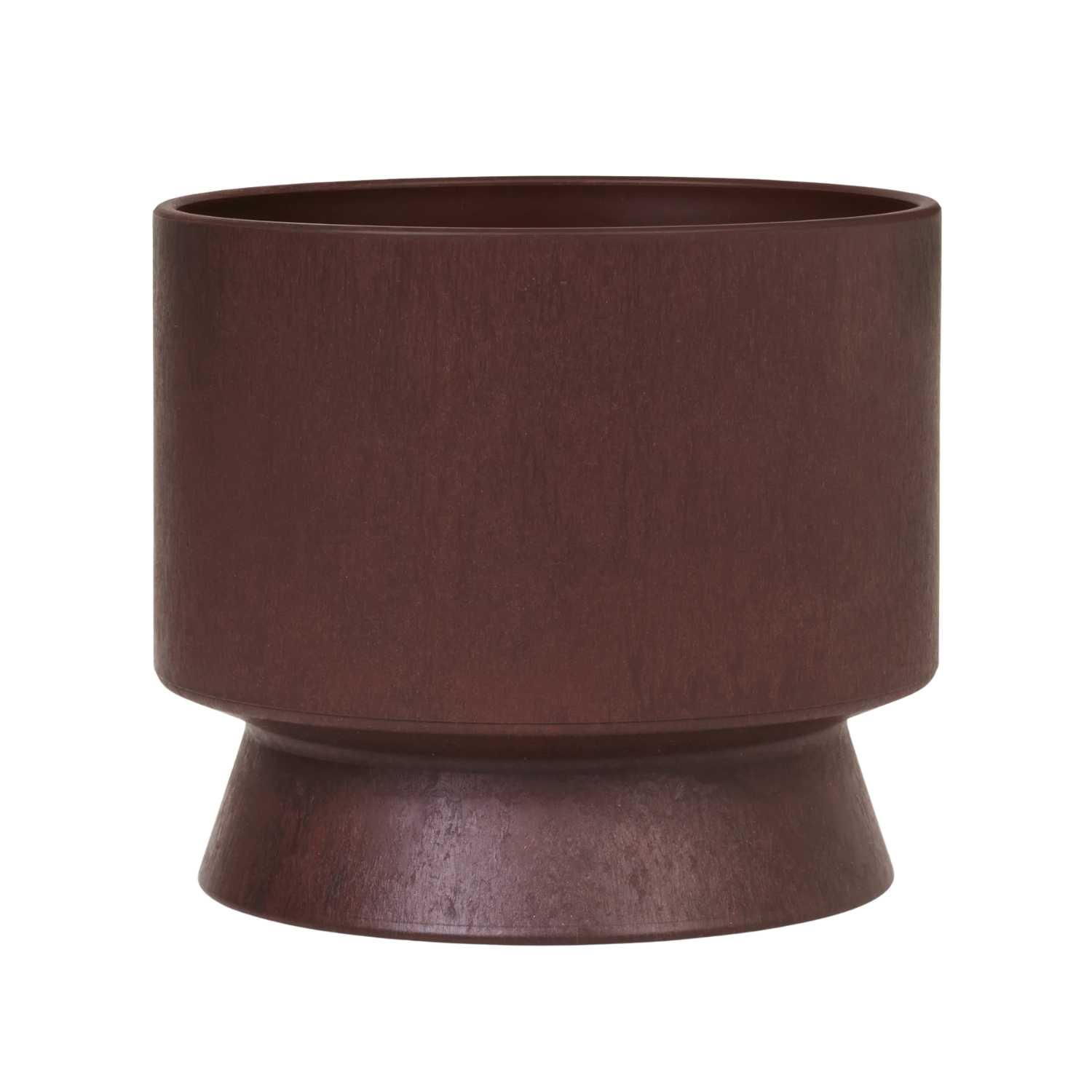 A pedestal planter in a wine red