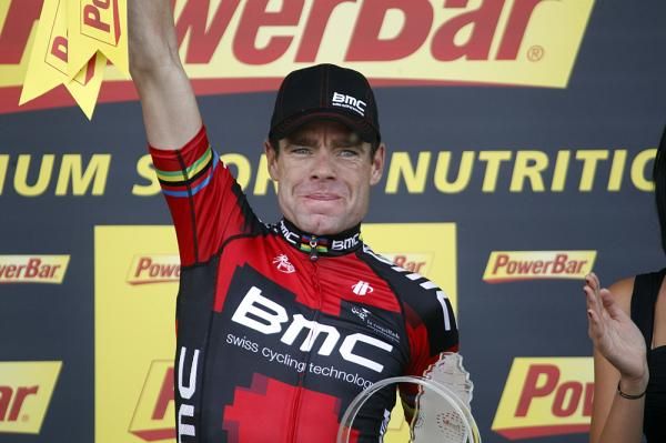 Cadel Evans (BMC) enjoys the podium time after his staeg win