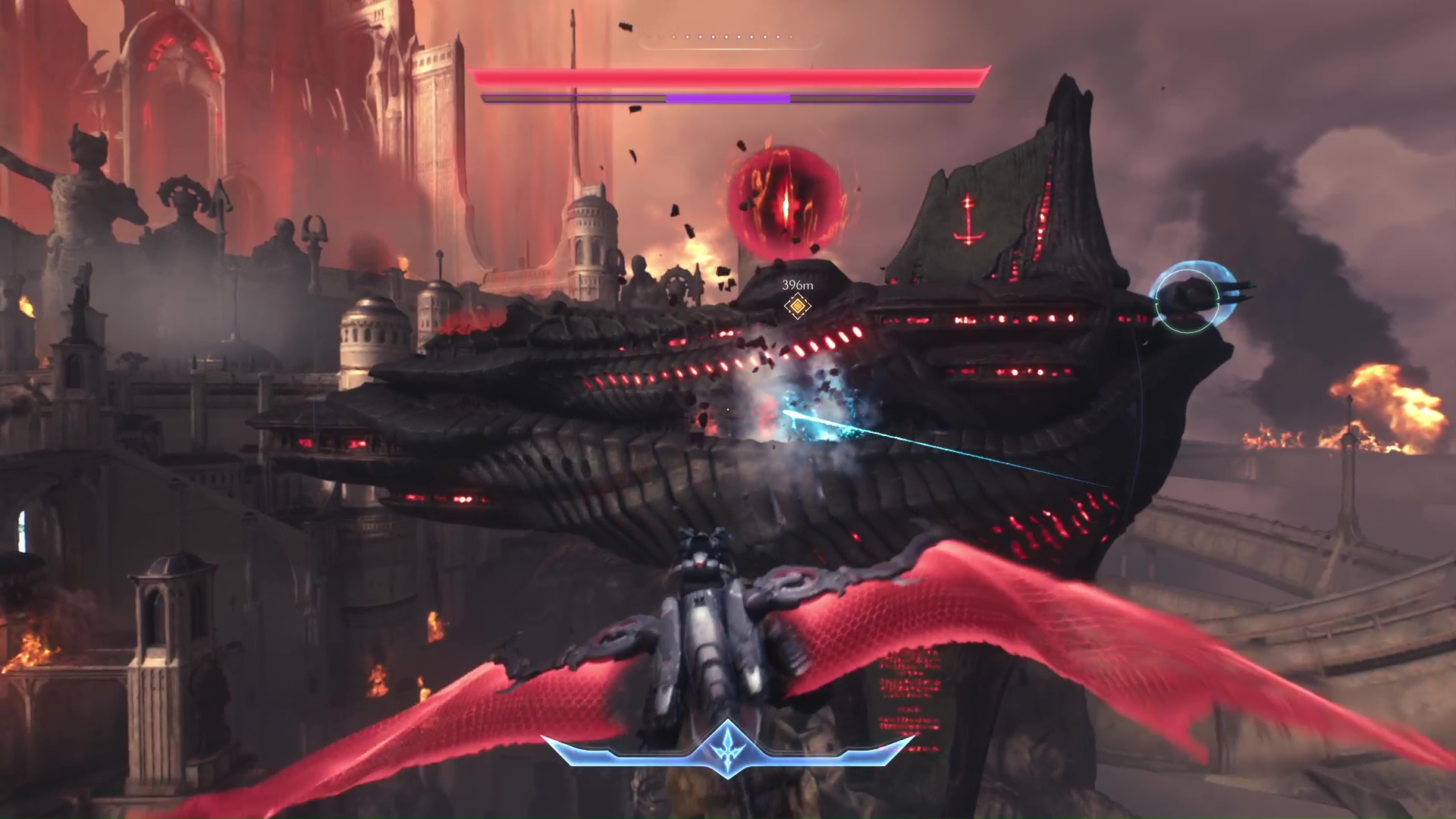 The Doom Slayer rides his cyber dragon in Doom The Dark Ages, shooting at a Hell Carrier spaceship