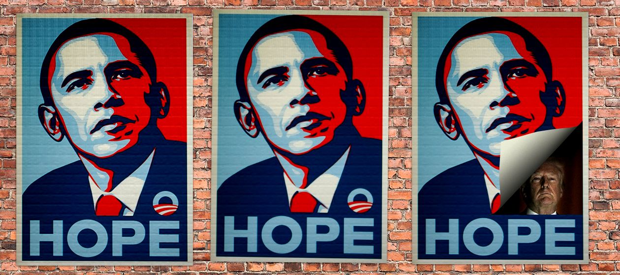 Obama posters and President Trump.