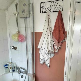 bathroom with wall hooks and towels hanging