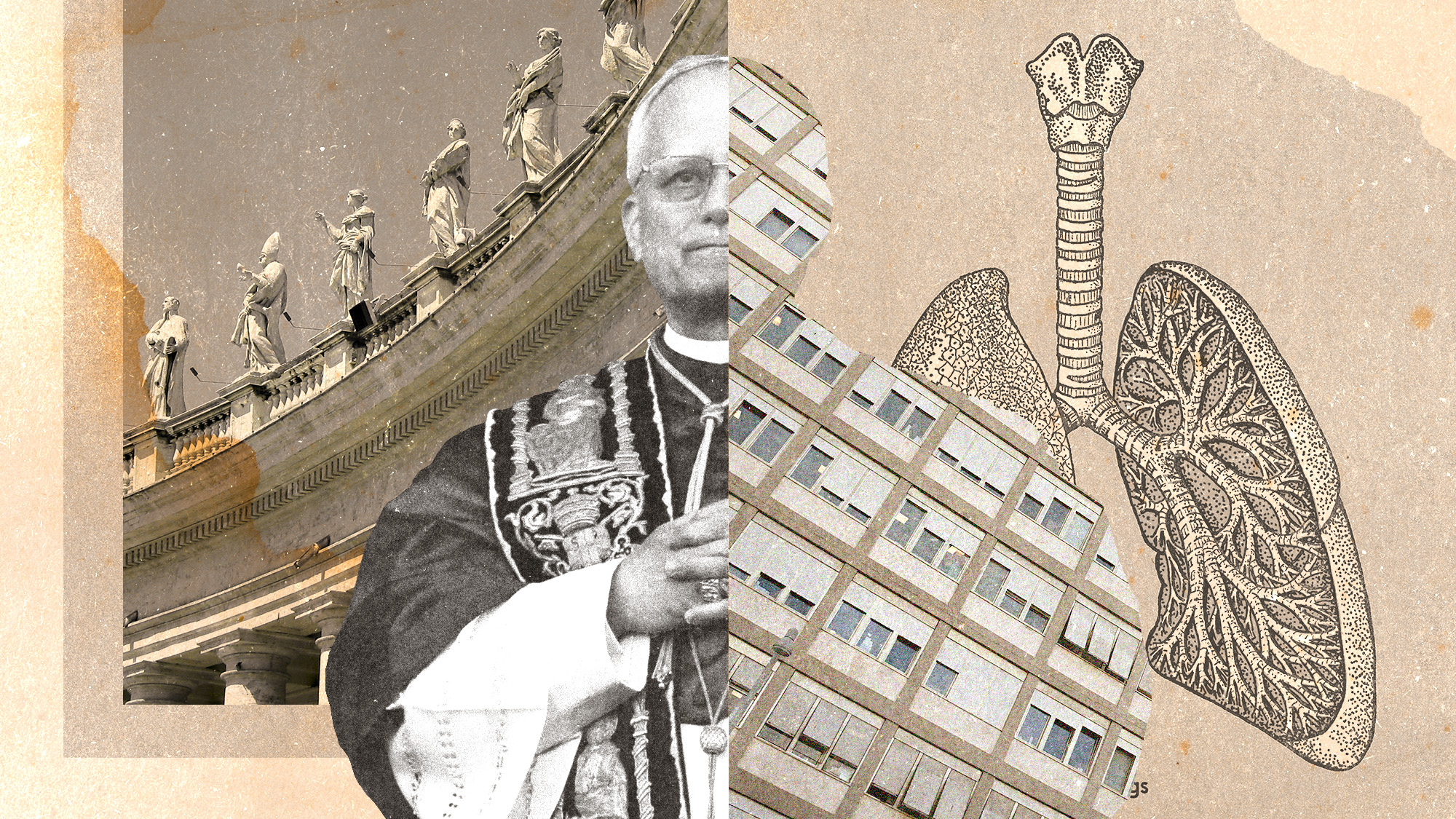 Photo collage of Pope Leo, the Gemelli hospital in Vatican, and a diagram of the lungs