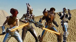 Star Wars: The Old Republic screenshot of four characters in a sandy desert