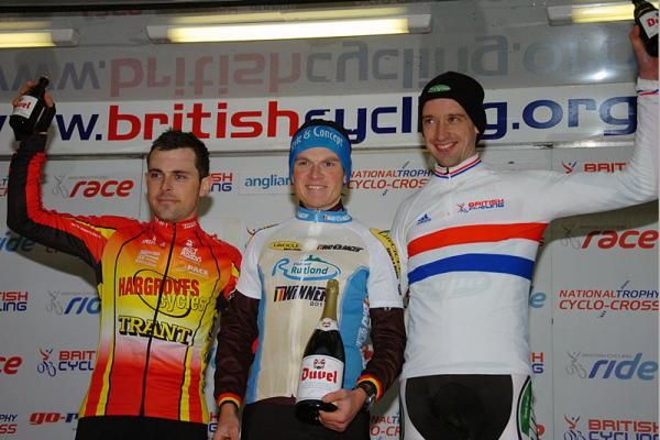 Round 6 podium - 1st Kenneth Van Compernolle (Style &amp; Concept), centre, 2nd Jody Crawforth (Hargroves Cycles), 3rd Paul Oldham (Hope Factory Racing)