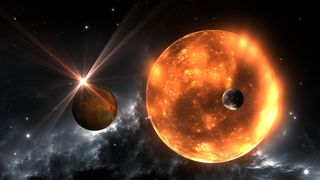 An artist's impression of exoplanets orbiting a red supergiant. The bright light in the distance represents a faraway star of a similar size.