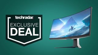 An Alienware gaming monitor against green background with a TechRadar Exclusive Deal badge