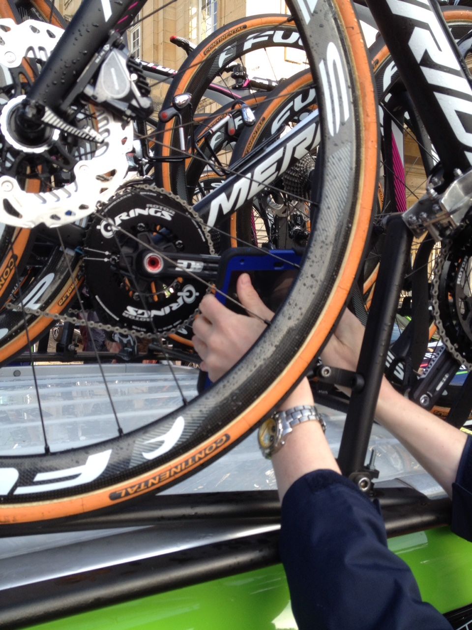 The UCI officlas use a blue tablet to check for motorised doping