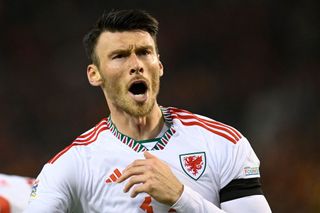 Wales' striker Kieffer Moore celebrates after scoring during the Nations League League A Group 4 football match between Belgium and Wales at The King Baudouin Stadium in Brussels on September 22, 2022.