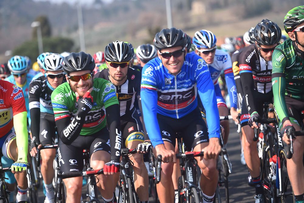 Greg Van Avermaet riding in the race leader's jersey.