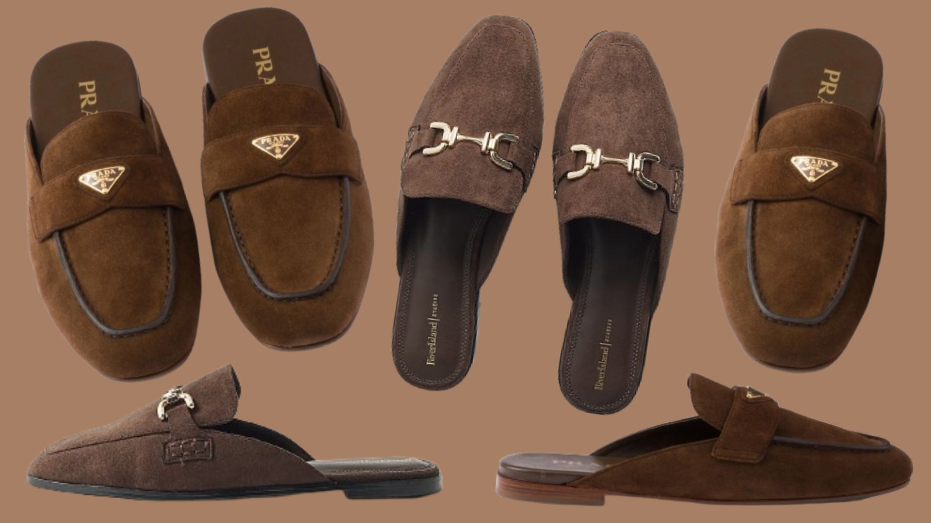 loafer/mule hybrid shoes are a lookalike for Prada's suede mules
