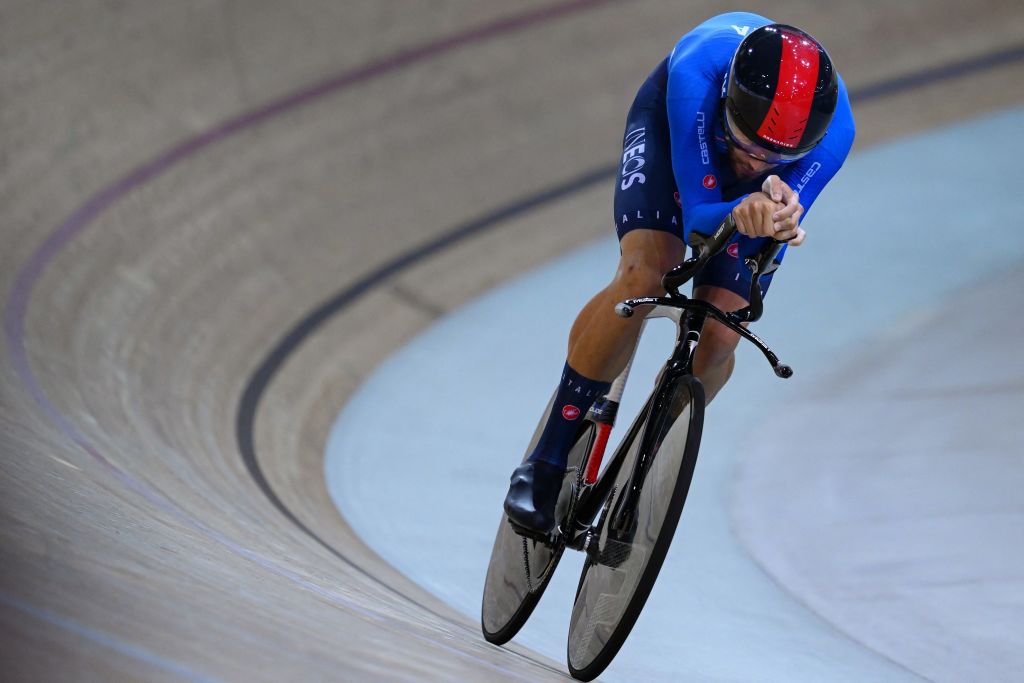 Italys Filippo Ganna competes in the Mens Individual Pursuit qualifying during the UCI Track Cycling World Championships at the Velodrome of SaintQuentinenYvelines southwest of Paris on October 14 2022 Photo by AnneChristine POUJOULAT AFP Photo by ANNECHRISTINE POUJOULATAFP via Getty Images