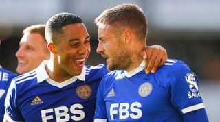 Youri Tielemans and Jamie Vardy celebate after Leicester's fourth goal in the 4-0 win at Wolves.