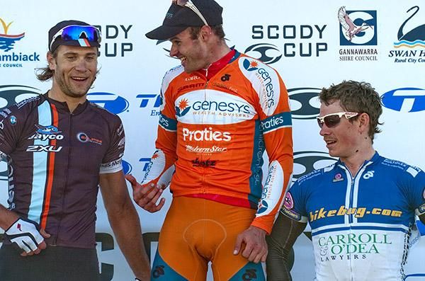 The stage eight podium (l-r): Ben Kersten (2nd,Swan Hill Heart of the Murray), Steele Von Hoff (1st,Genesys Wealth Advisers), and Philip Grenfell (3rd,Bikebug.com).