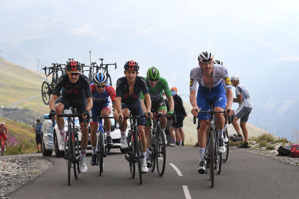 MERIBEL FRANCE SEPTEMBER 16 Luke Rowe of The United Kingdom and Team INEOS Grenadiers Michal Kwiatkowski of Poland and Team INEOS Grenadiers Sam Bennett of Ireland and Team Deceuninck QuickStep Green Points Jersey Tim Declercq of Belgium and Team Deceuninck QuickStep Col de la Loze 2304m during the 107th Tour de France 2020 Stage 17 a 170km stage from Grenoble to Mribel Col de la Loze 2304m TDF2020 LeTour on September 16 2020 in Mribel France Photo by Tim de WaeleGetty Images